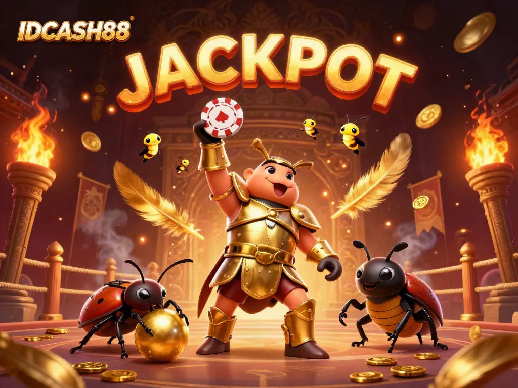 Experience the thrilling victory of IDCASH88 as a gladiator beetle lifts a poker chip amidst a vibrant gambling atmosphere.