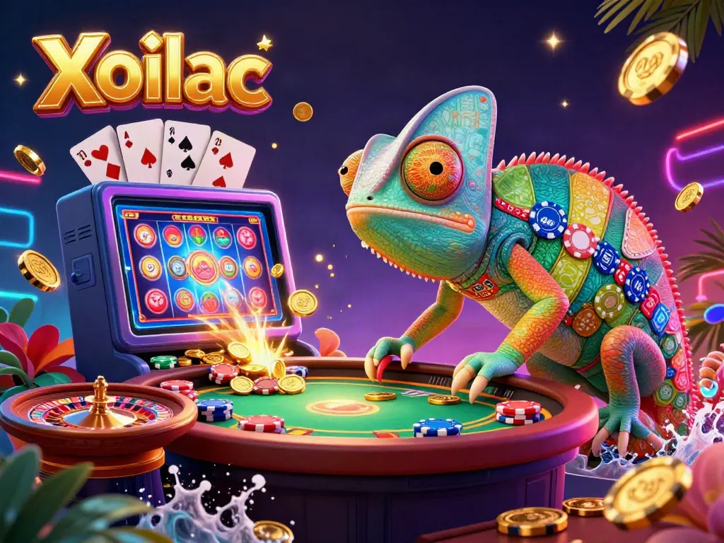 Xoilac chameleon owner engages players amidst golden coins and lively game elements in a casino setting.