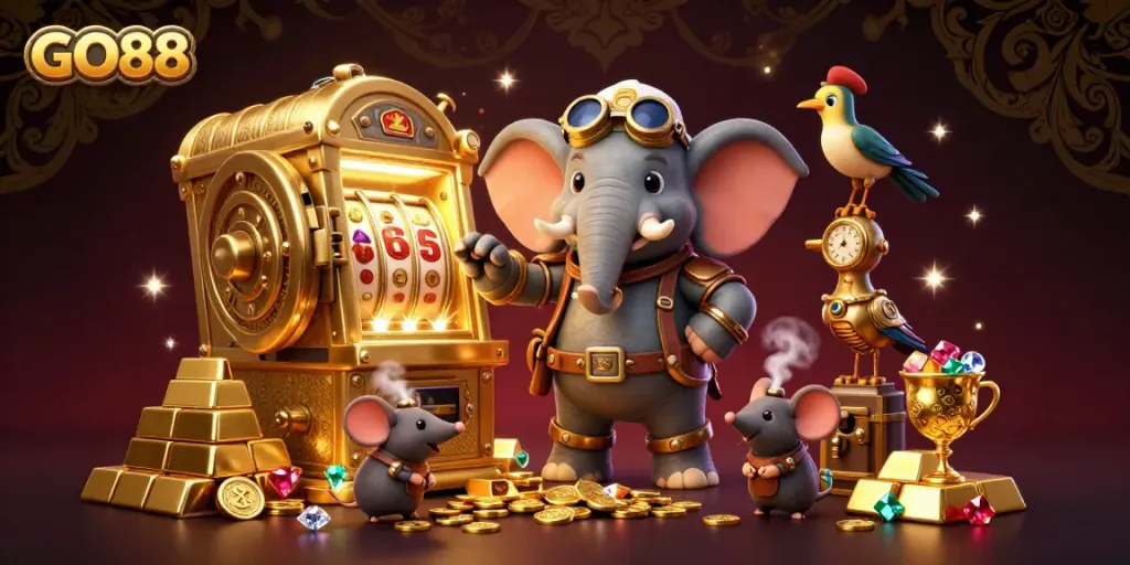 Experience exciting jackpots at GO88 with a steampunk elephant engineer and stunning treasures.
