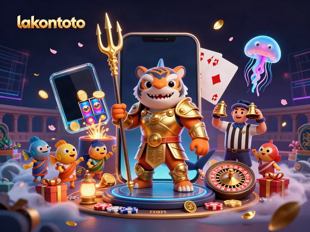 Permainan slot dengan lakontoto dan ikan kecil bersorak di arena koloseum bawah laut.