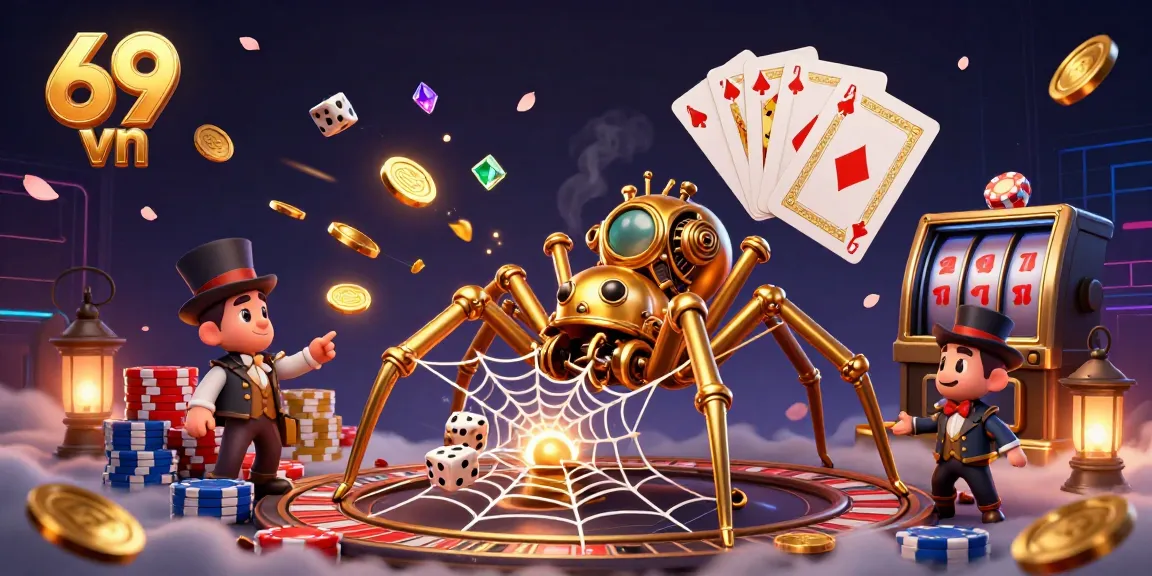 Engage in the thrilling world of gambling with 69 vn featuring a playful steampunk spider and a Victorian fly gentleman.