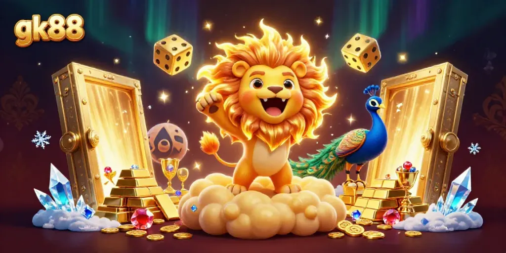 Experience the vibrant thrill of gk88 with a 3D lion and dazzling casino treasures in stunning detail.