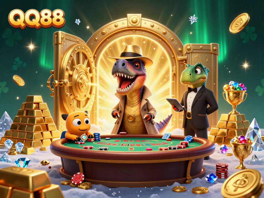 Experience thrilling blackjack action at QQ88 with dynamic cartoon characters and vibrant treasures.