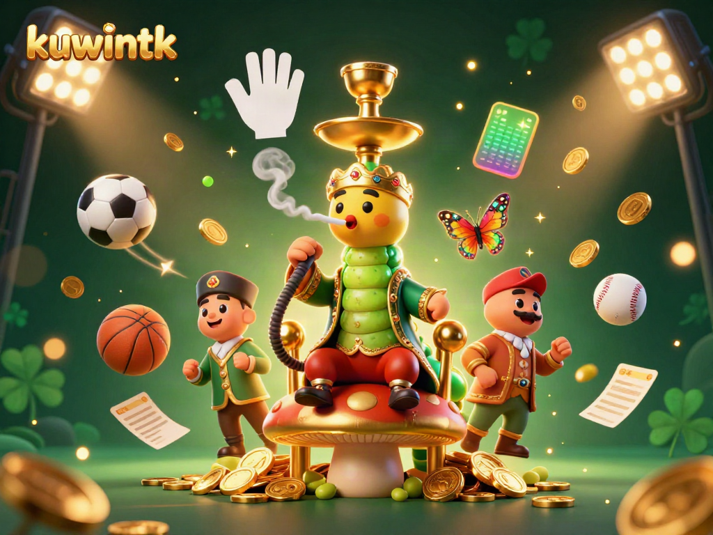 Kuwintk engages players with dynamic visual elements featuring a cartoon caterpillar master and sports elements.