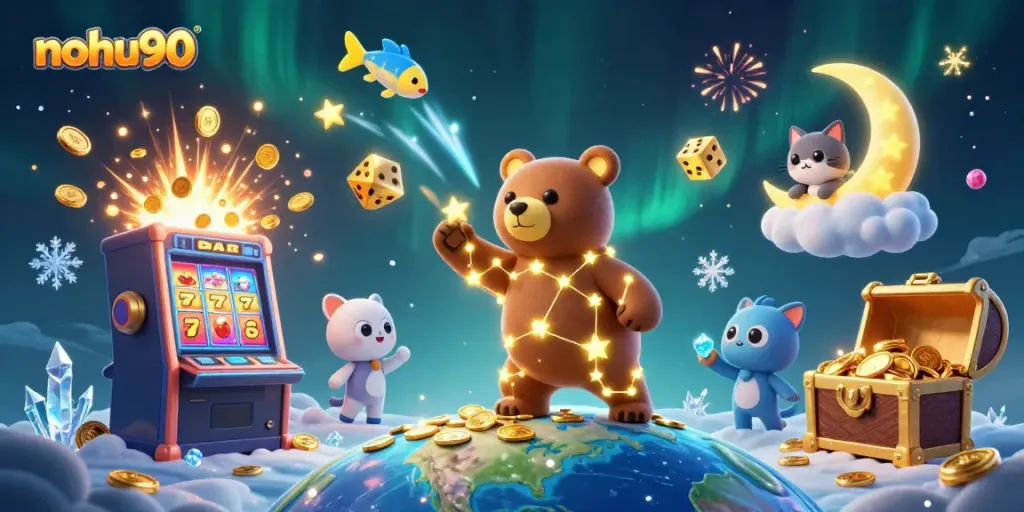 Nohu90 players celebrate a jackpot explosion amidst gold coins and festive gaming elements in a vibrant scene.