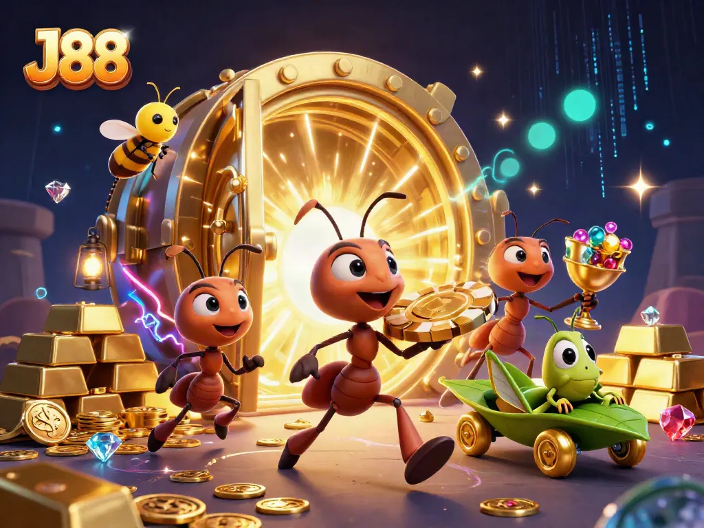 Experience the thrill of J88 gambling with cartoon ants heisting a giant poker chip amid casino treasures.