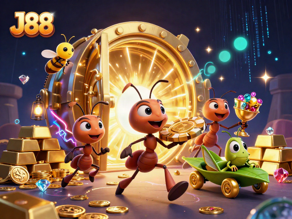 Experience the thrill of J88 gambling with cartoon ants heisting a giant poker chip amid casino treasures.