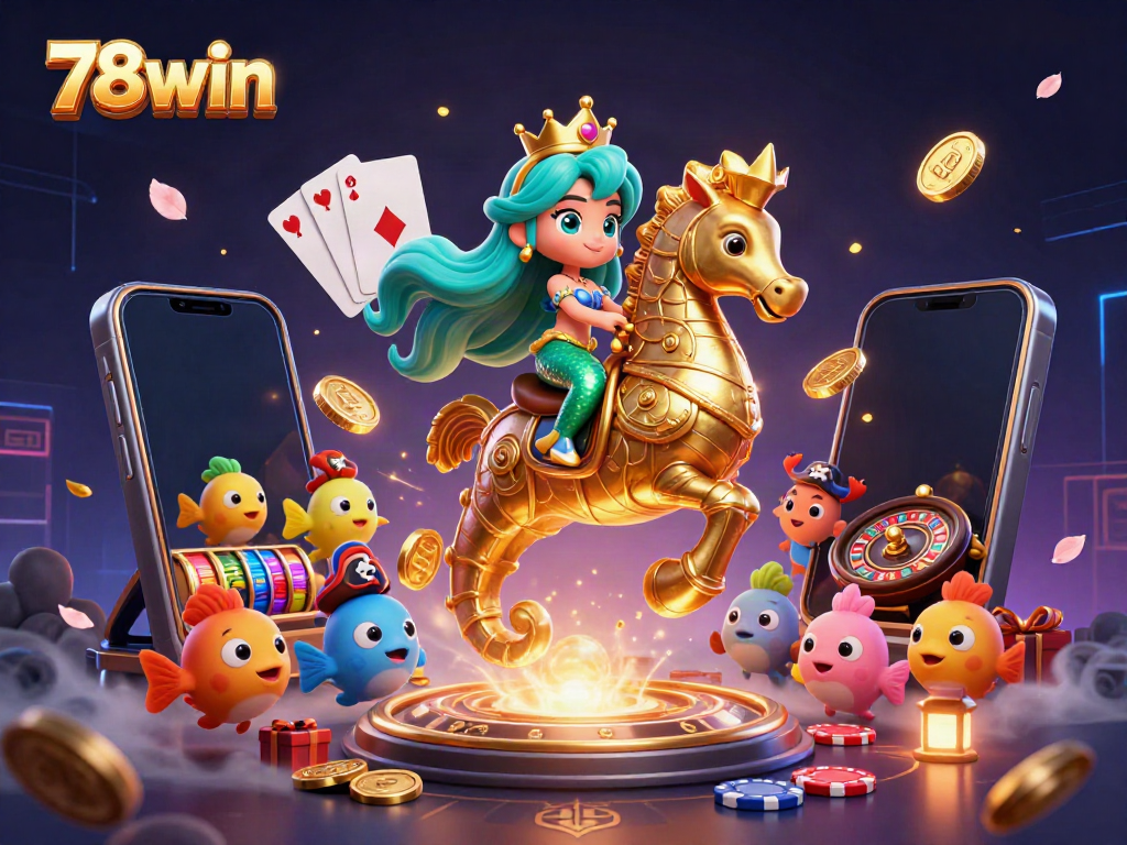 Engage with 78win's vibrant casino world featuring a mermaid princess, shimmering gold coins, and dynamic game elements.