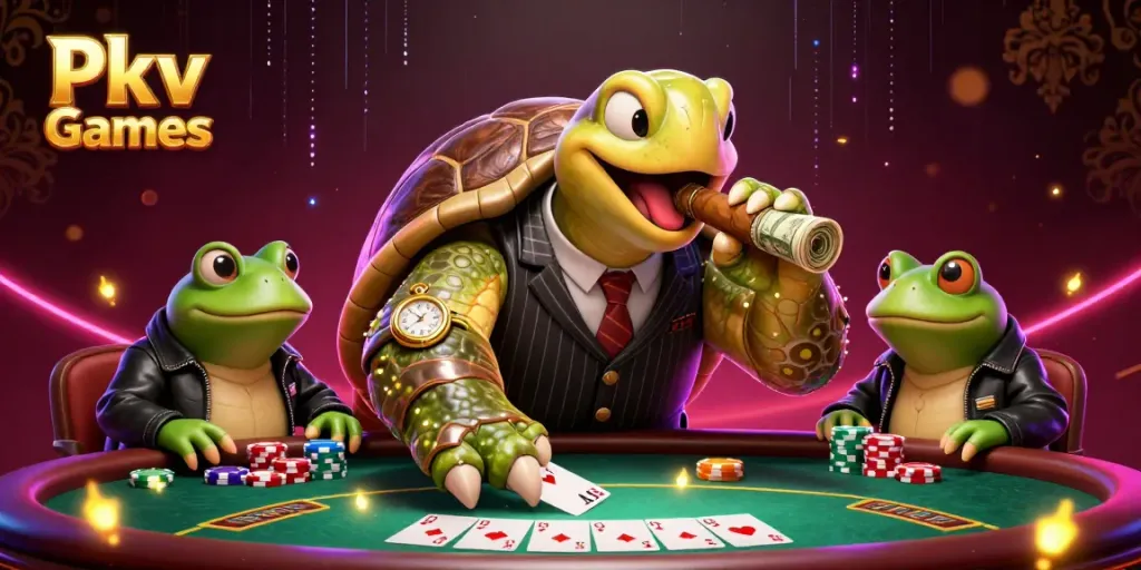 Engage with Pkv Games through a colorful 3D casino scene featuring unique characters and game elements.