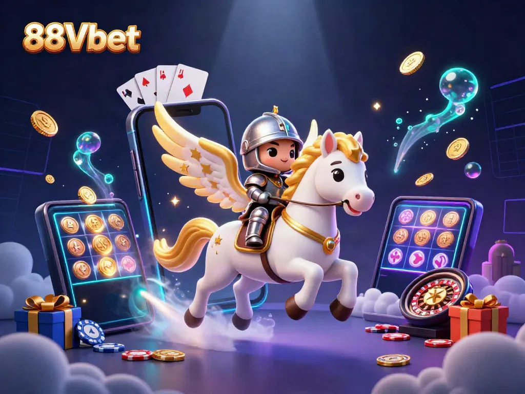 Experience thrilling 88Vbet gaming with a mystical horse and vibrant casino elements.