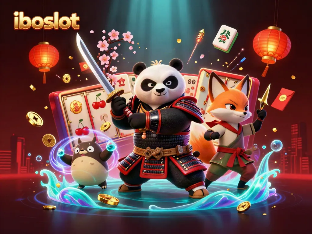 Engage with iboslot's vibrant 3D anime-style casino scene featuring samurai panda, ninja fox, and magical tanuki.