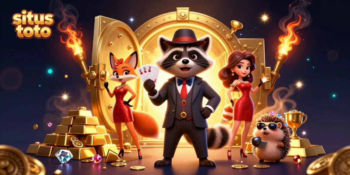 Experience the ultimate winnings at situs toto, featuring a suave raccoon and charming fox in a dynamic casino scene.