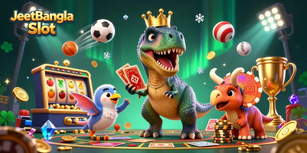 Spin the reels at JeetBangla Slot with a playful T-Rex and friends in a vibrant casino setting.